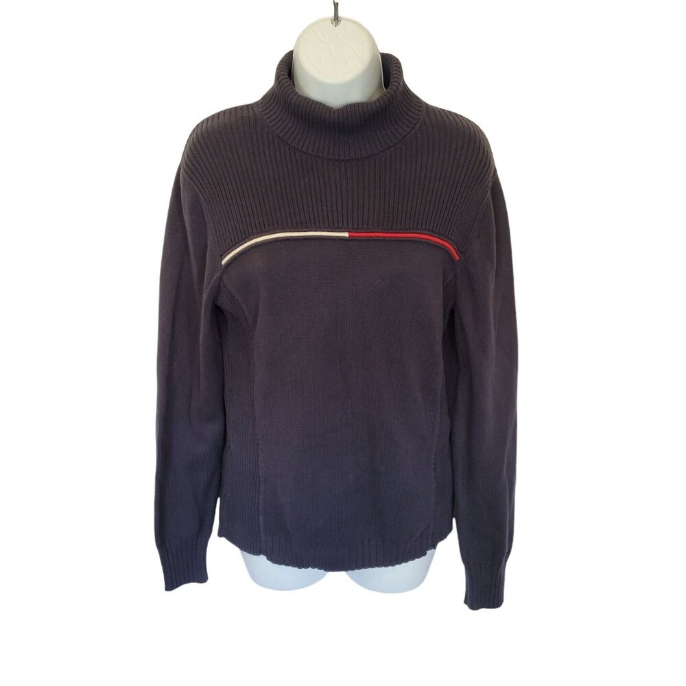 Tommy Hilfiger Womens Ribbed Turtleneck Sweater L Navy Tricolor Stripe‎ Detail